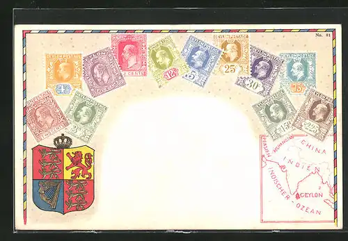 Präge-AK Ceylon, Briefmarken, Wappen und Landkarte
