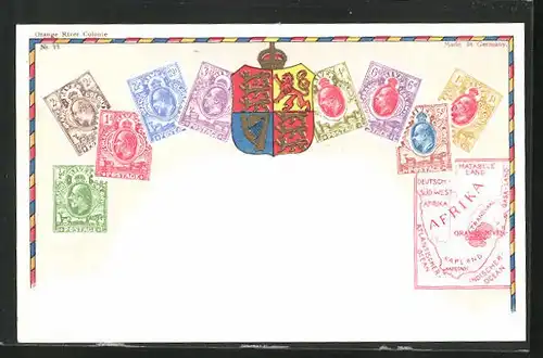 AK Orange-River-Colony, Briefmarken, Wappen und Landkarte