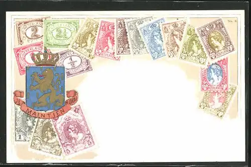 AK Niederlande, Briefmarken, Wappen mit Löwe