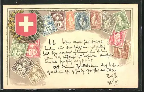 Präge-AK Schweiz, Briefmarken, Wappen mit Kranz