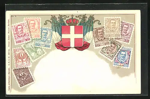 Künstler-AK Italien, Briefmarken und Wappen mit Fahnen