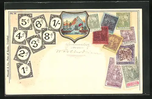 Präge-Künstler-AK Trinidad, Briefmarken und Wappen
