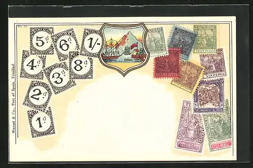 Künstler-AK Trinidad, Briefmarken und Wappen