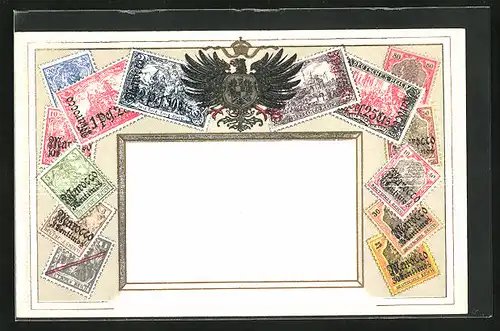 Künstler-AK Deutsches Reich, Briefmarken und Adler mit Wappen