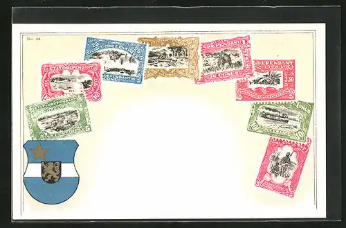 Künstler-AK Congo, Briefmarken und Wappen