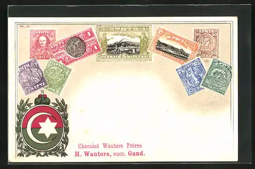 Präge-Künstler-AK Kreta, Briefmarken und Wappen, Chocolat Wauters Frères Gand