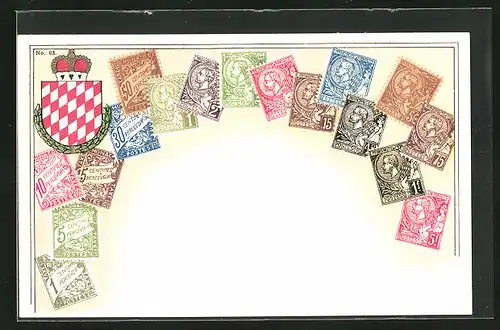 Künstler-AK Monaco, Briefmarken und Wappen