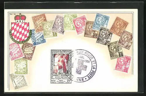 Präge-Künstler-AK Monaco, Briefmarken und Wappen