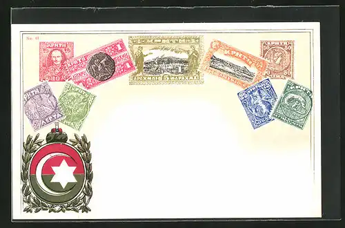 Künstler-AK Kreta, Briefmarken und Wappen