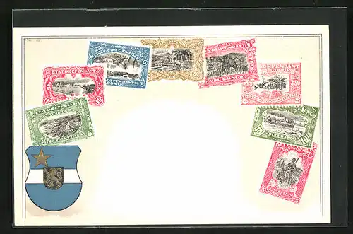Präge-Künstler-AK Congo, Briefmarken und Wappen