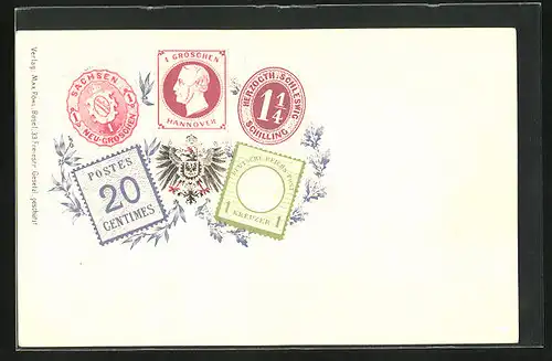 Künstler-AK Hannover, Briefmarken und Adler mit Wappen
