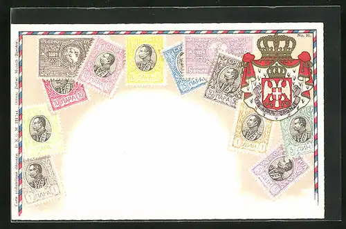 Künstler-AK Serbien, Briefmarken und Wappen