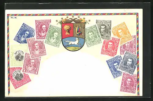 Künstler-AK Venezuela, Briefmarken und Wappen