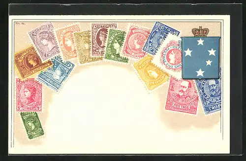 Präge-Künstler-AK Victoria, Briefmarken und Wappen