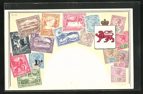 Künstler-AK Tasmania, Briefmarken und Wappen