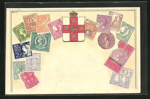 Künstler-AK New South Wales, Briefmarken und Wappen