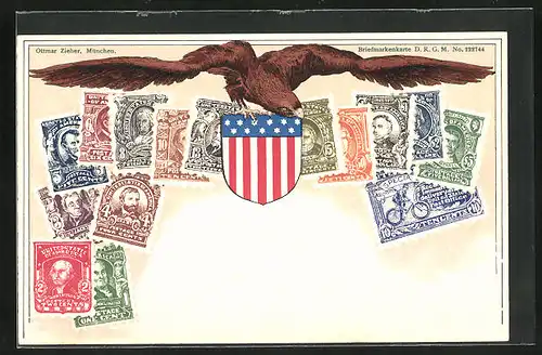 Künstler-AK United States of America, Briefmarken und Adler mit Wappen