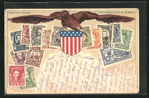 Präge-Lithographie United States of America, Briefmarken und Adler mit Wappen