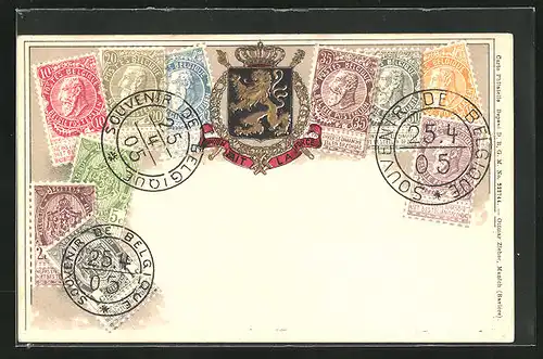 Präge-Lithographie Belgique, Briefmarken und Wappen