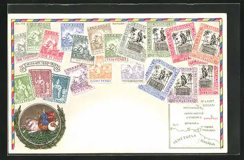 Präge-Künstler-AK Barbados, Landkarte mit Venezuele, Guayana und Martinique, Briefmarken und Wappen