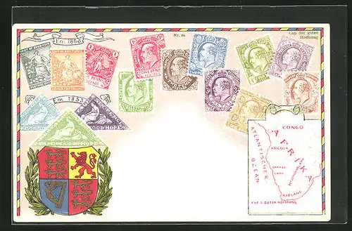 Präge-Künstler-AK Cap der guten Hoffnung, Landkarte mit Angola, Kapland, und Congo, Briefmarken und Wappen