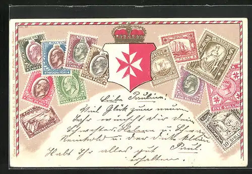 Präge-Künstler-AK Malta, Briefmarken und Wappen