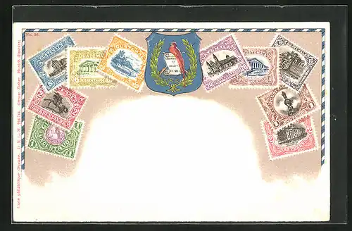 Präge-Künstler-AK Guatemala, Briefmarken und Wappen