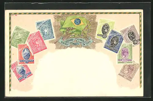 Präge-Lithographie Brazil, Briefmarken und Fahne