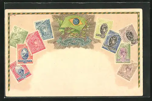 Lithographie Brazil, Briefmarken und Fahne