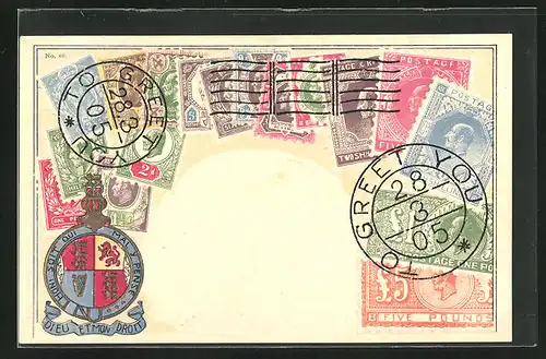 Präge-Künstler-AK England, Briefmarken und Wappen