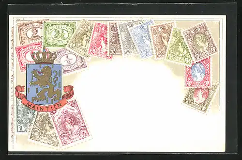 Lithographie Niederlande, Briefmarken und Wappen