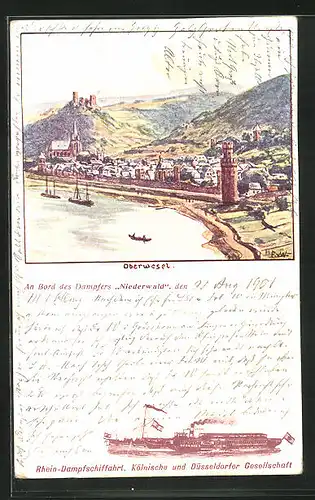 Lithographie Oberwesel, Totalansicht, Rheindampfer Niederwald