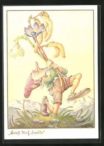 Künstler-AK Rennender Zwerg mit Blumenstrauss