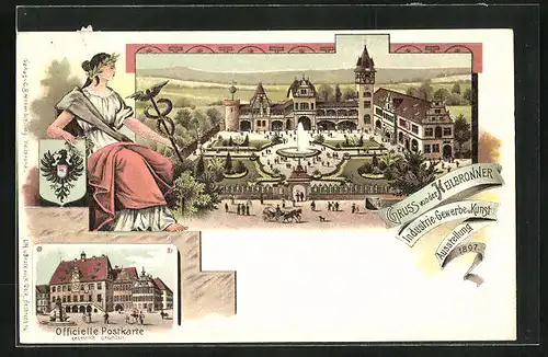 Lithographie Heilbronn, Gewerbe- u. Industrie-Ausstellung 1897, Totalansicht mit Parkanlage