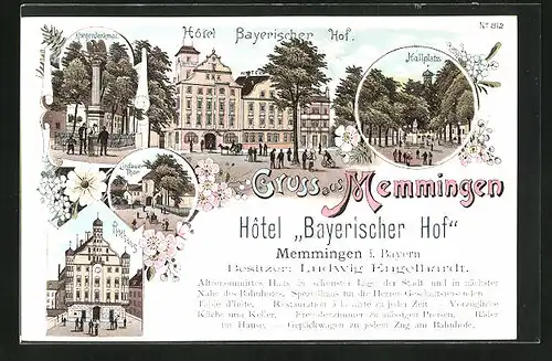Lithographie Memmingen, Hotel Bayerischer Hof, Lindauer Thor, Hallplatz