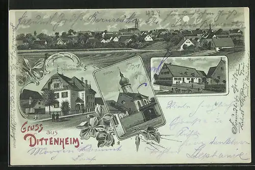 Mondschein-Lithographie Dittenheim, Bauernhof, Pfarr- u. Dekanatshaus, Panorama