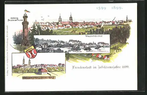 Künstler-AK Freudenstadt, Ortsansicht im Jahre 1643, Villenkolonie, Herzog Friedrich Turm
