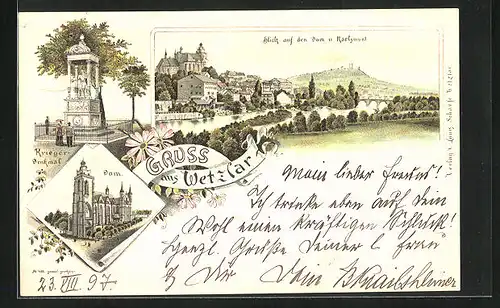 Lithographie Wetzlar, Blick auf Dom u. Karlsmunt, Kriegerdenkmal