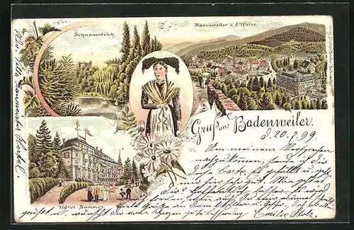 Lithographie Badenweiler, Hotel Sommer, Totalansicht v. d. Ruine, Schwanenteich