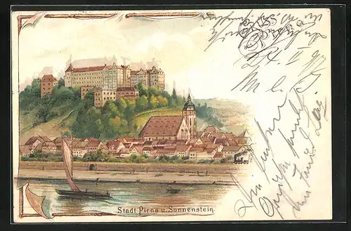 Lithographie Pirna, Panorama mit Sonnenstein