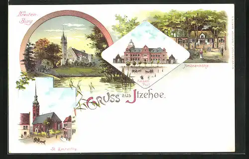 Lithographie Itzehoe, Amönenhöhe, Breitenburg, St. Laurenthy