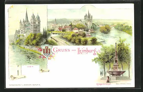 Lithographie Limburg /Lahn, Dom, Krieger-Denkmal, Totalansicht mit Fluss