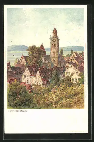 Lithographie Überlingen, Blick auf den Ort aus der Vogelschau