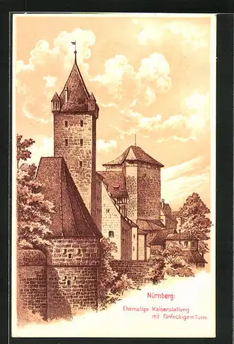 Künstler-AK Nürnberg, Ehemalige Kaiserstallung mit fünfeckigem Turm