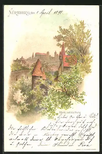 Lithographie Nürnberg, Blick auf die Burg