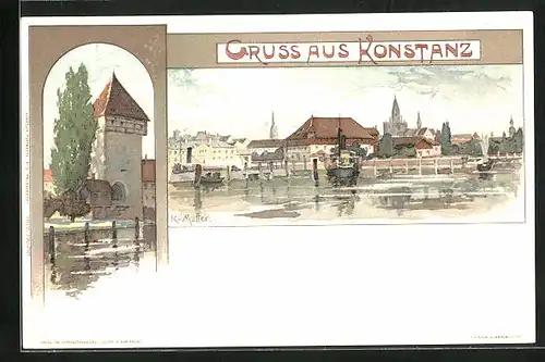 Künstler-AK Karl Mutter: Konstanz, Teilansicht und Dampfer, Turm