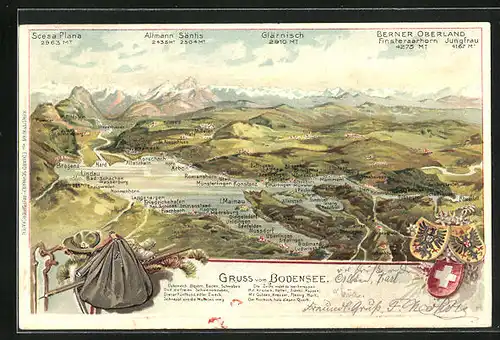 Präge-Lithographie Mainau, Bodensee-Landkarte mit Rorschach, Altenrhein und Hard
