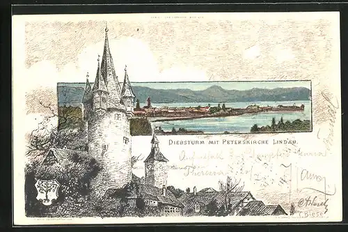 Künstler-AK Carl Biese: Lindau, Diebsturm mit Peterskirche, Teilansicht