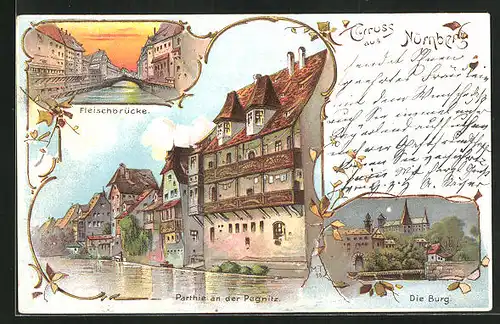 Künstler-AK Nürnberg, Partie an der Pegnitz, Die Burg, Fleischbrücke