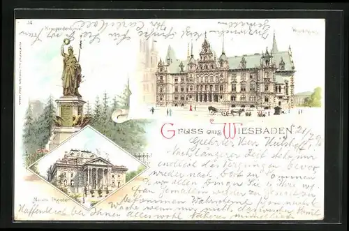 Lithographie Wiesbaden, Rathaus, Kriegerdenkmal, Neues Theater